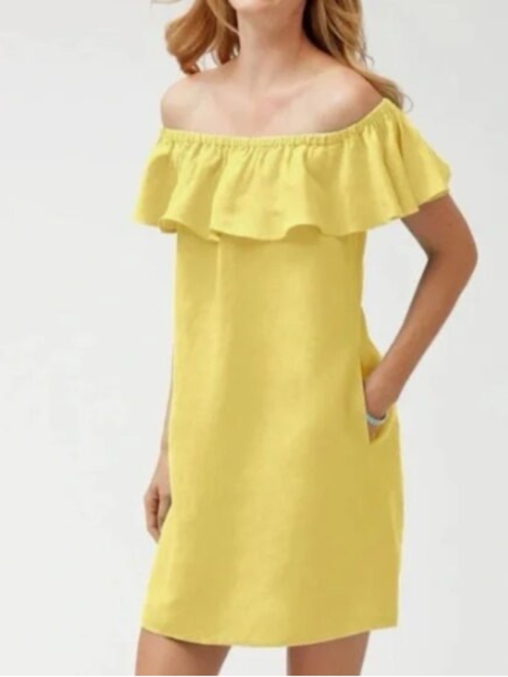 NWT Tommy Bahama Pineapple Yellow Off The Shoulder Linen Dress, size S/P